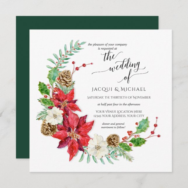 Winter Wedding Crescent Floral Wreath | Square Invitation (Front/Back)