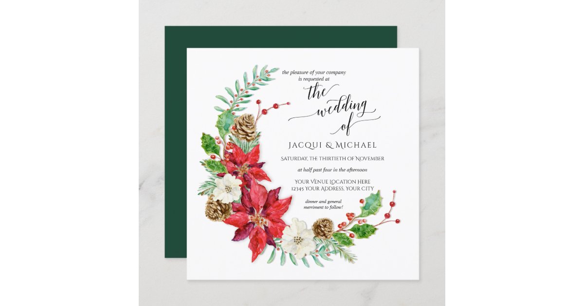 Winter Wedding Crescent Floral Wreath | Square Invitation | Zazzle