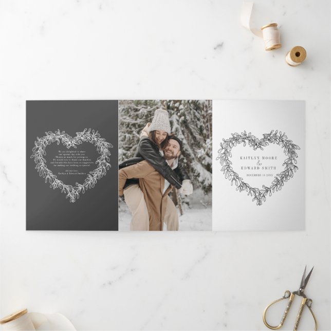 Winter wedding dark gray mistletoe botanical Tri-Fold program (Outside)