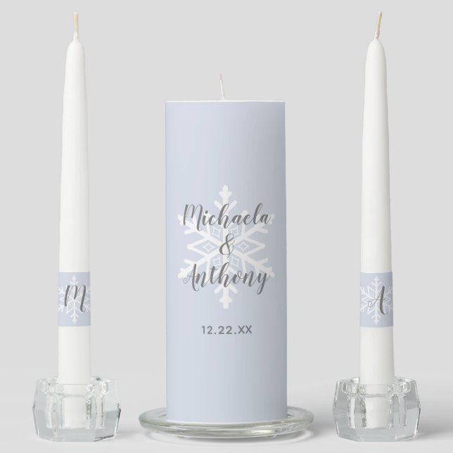 Winter Wedding Dusty Blue Snowflake Unity Candle Set (Front)