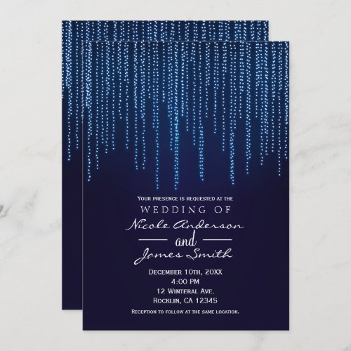 Winter Wedding Elegant Blue Sparkle String Lights Invitation