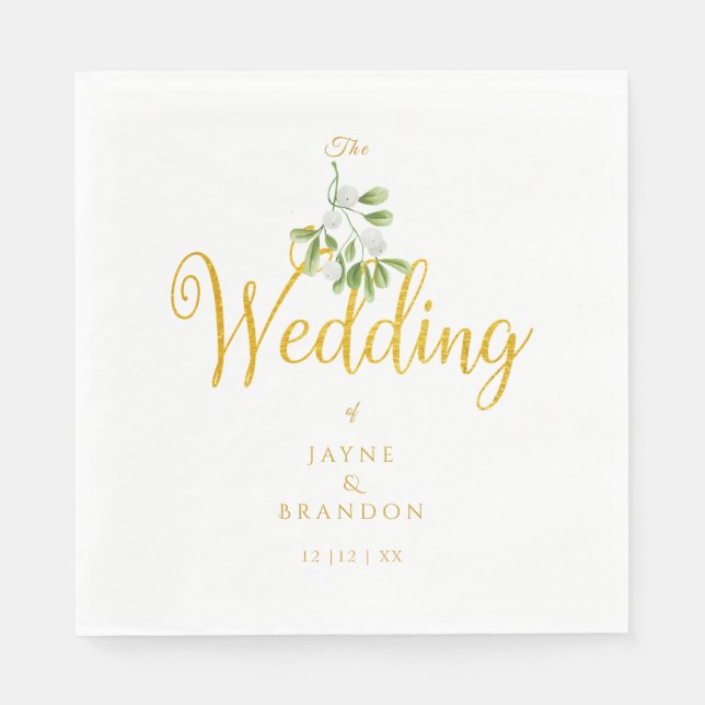 Winter Wedding Elegant Gold Script Mistletoe  Napkins (Front)
