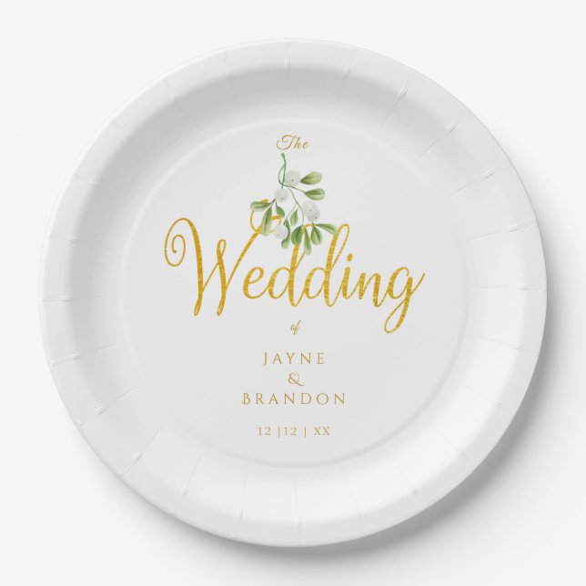 Winter Wedding Elegant Gold Script Mistletoe Paper Plates (Front)