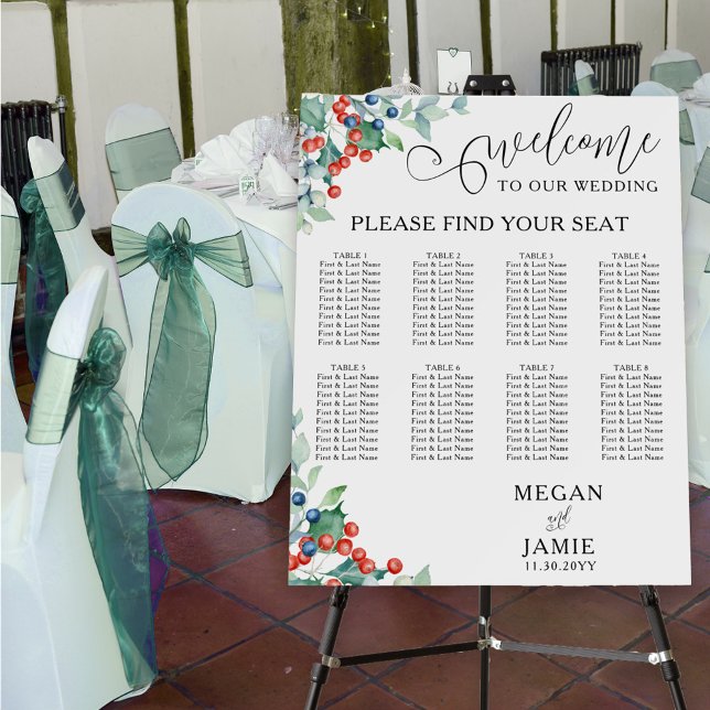 Winter Wedding Elegant Holly 8 Table Seating Chart Foam Board (Elegant Wedding Seating Chart for 8 Tables with calligraphy, winter greenery and berries)