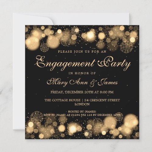 Winter Wedding Engagement Party Gold Lights Invitation
