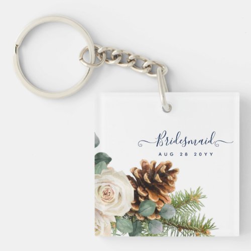 Winter Wedding Eucalyptus Greenery White Roses Keychain