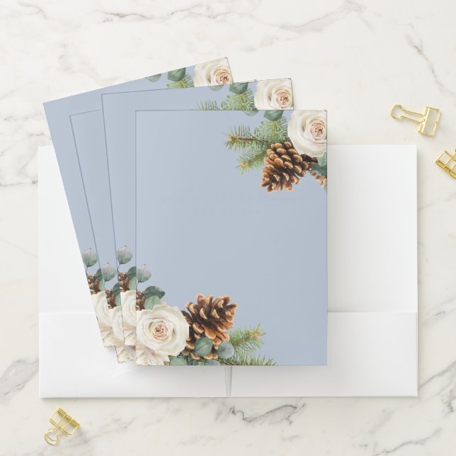 Winter Wedding Eucalyptus Greenery White Roses Pocket Folder (In Situ)