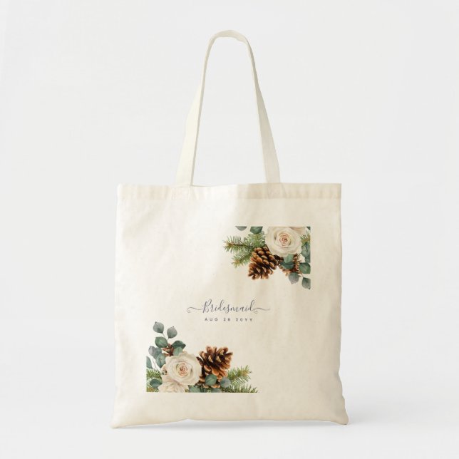 Winter Wedding Eucalyptus Greenery White Roses Tote Bag (Front)