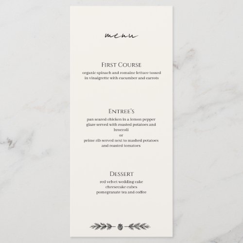 Winter Wedding Event Menu Entree Flat Card