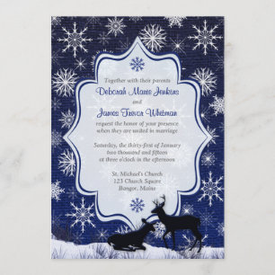 Winter Wedding   FAUX Burlap, Snowflakes, Deer Invitation