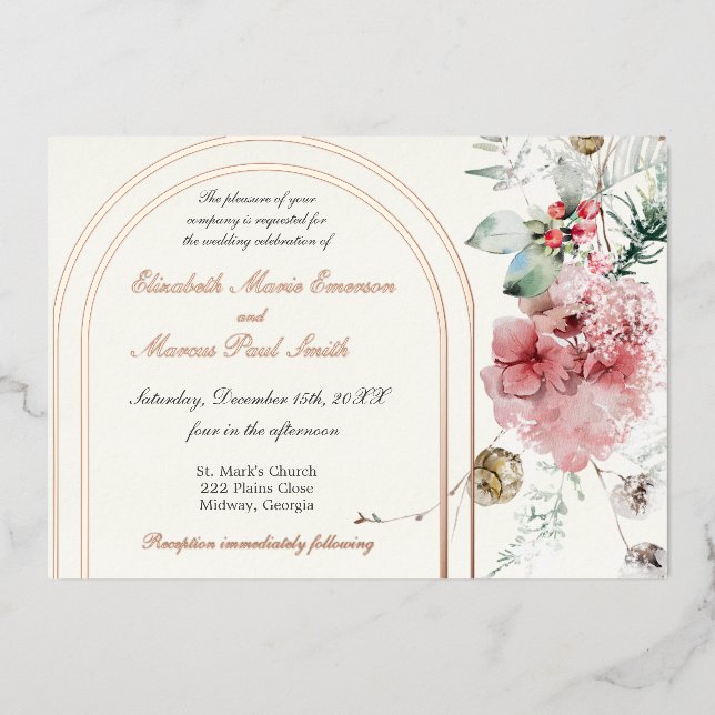 Winter Wedding Floral Double Arch Foil Invitation (Front)