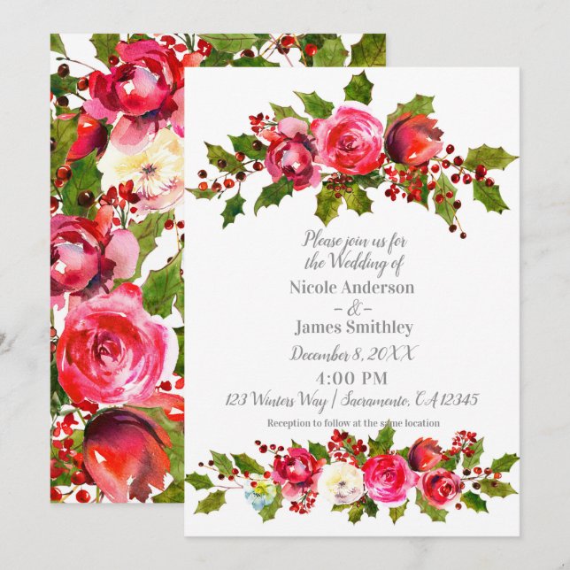 Winter Wedding Floral Holly Berry Leaves Holiday Invitation (Front/Back)