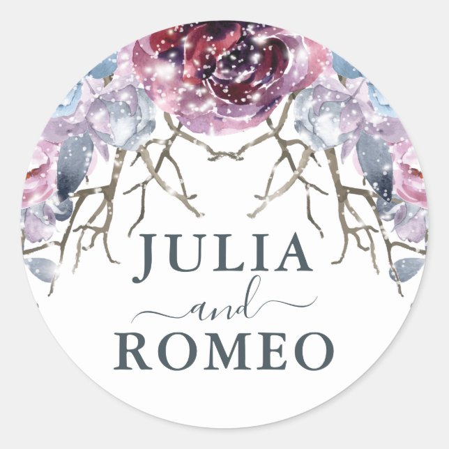 Winter Wedding Floral Personalized Classic Round Sticker (Front)