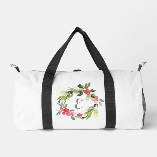 Winter Wedding Floral Watercolor Wreath  Monogram Duffle Bag