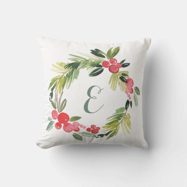 Winter Wedding Floral Watercolor Wreath | Monogram Throw Pillow (Front)
