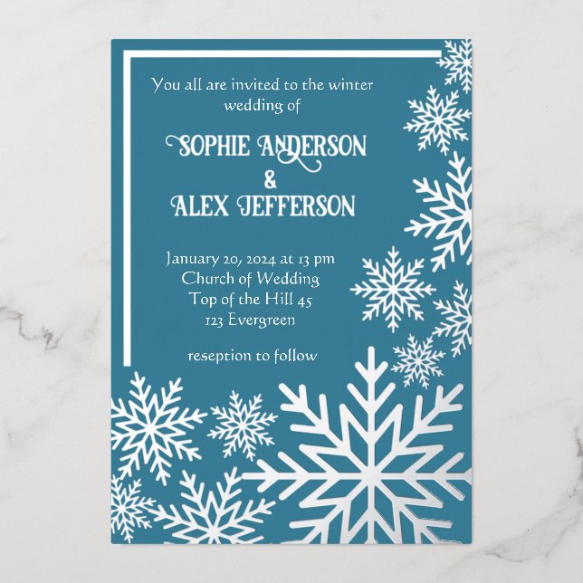 Winter wedding foil snowflakes on tealblue  foil invitation (Front)