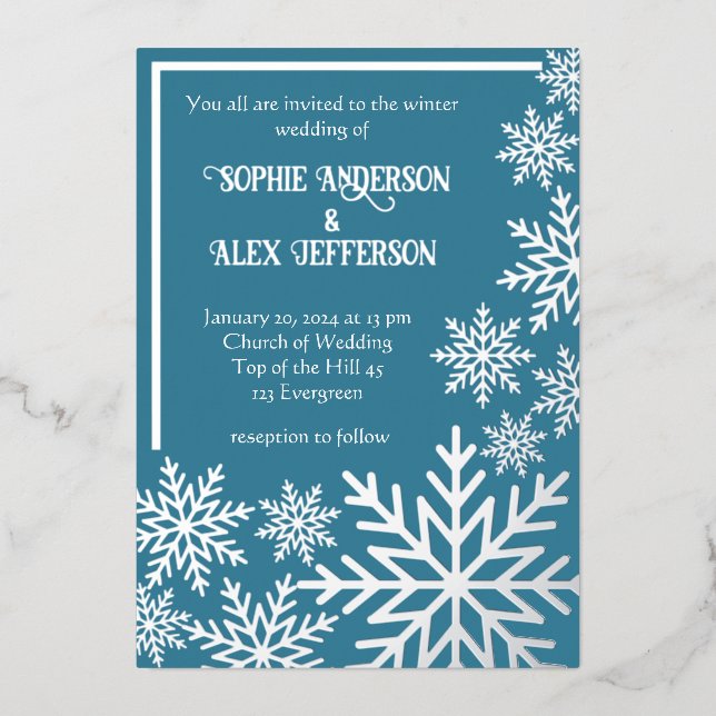 Winter wedding foil snowflakes on tealblue  invitation (Front)
