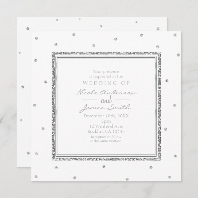 Winter Wedding Glam Silver & White Dots Party Invitation (Front/Back)