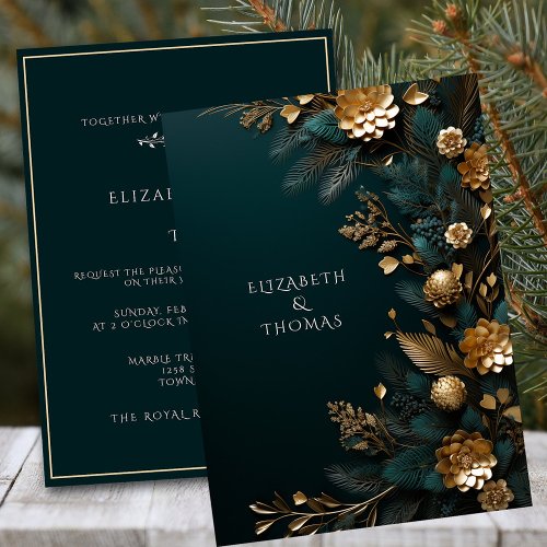 Winter Wedding  Gold Pine Cones Green Pine Needles Invitation