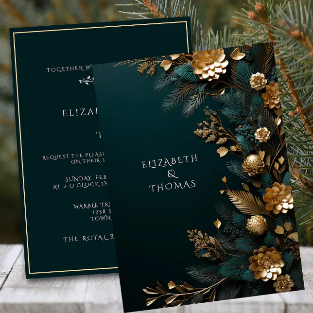 Winter Wedding Gold Pine Cones Green Pine Needles Invitation | Zazzle