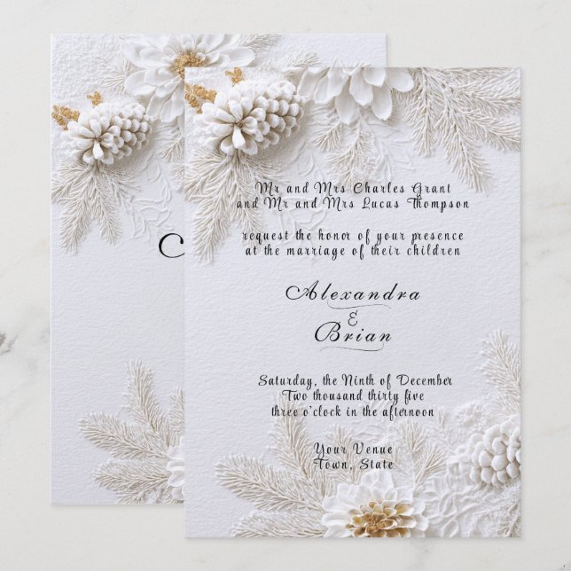 Winter Wedding Gold Pine Cones Pine Branches  Invitation (Front/Back)