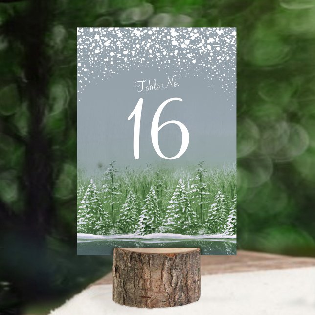 Winter wedding gray green pine trees table numbers (Creator Uploaded)