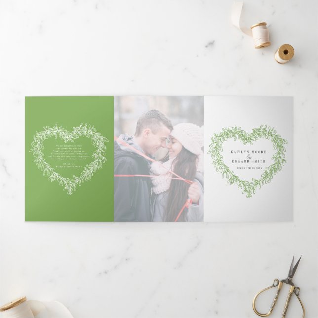 Winter wedding green mistletoe botanical marriage Tri-Fold program (Outside)