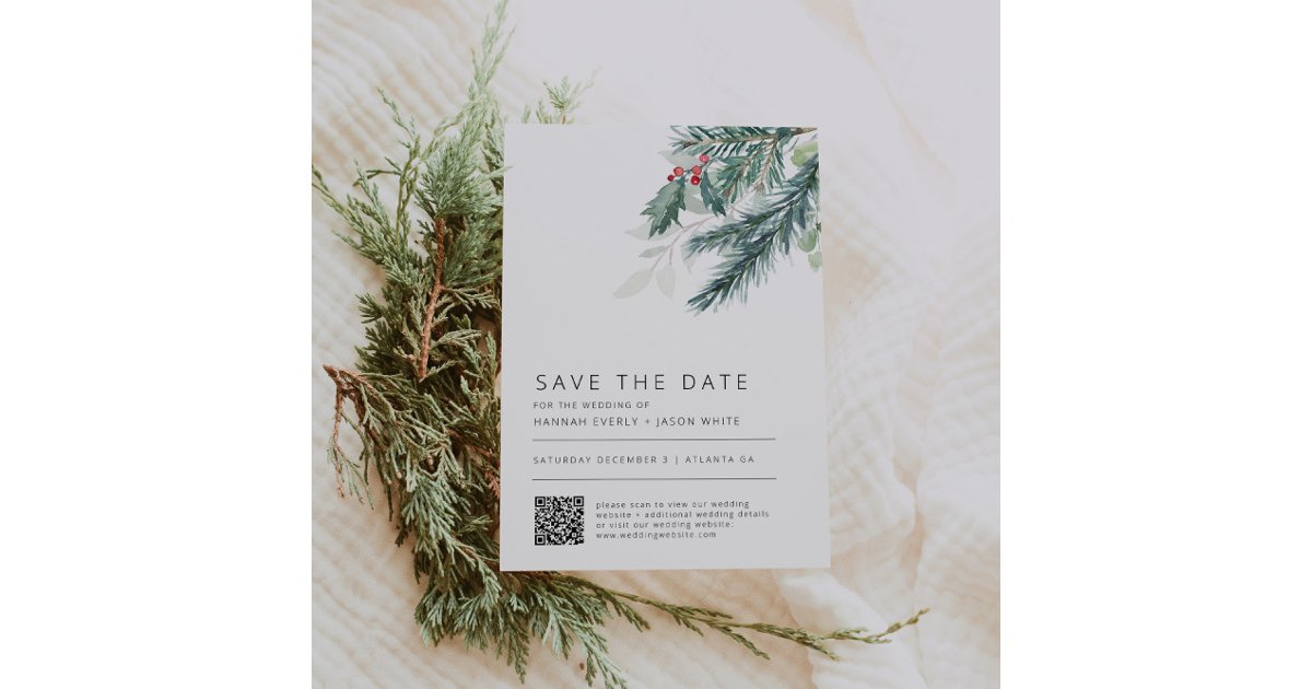 Winter Wedding Greenery QR Code Save The Date Invitation | Zazzle
