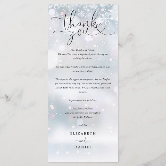 Winter Wedding Heart Script Thank You Place Card (Front)