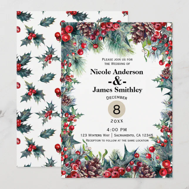 Winter Wedding Holiday Christmas Berries Pine Cone Invitation | Zazzle