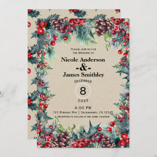 Winter Wedding Holiday Christmas Berries Pine Cone Invitation