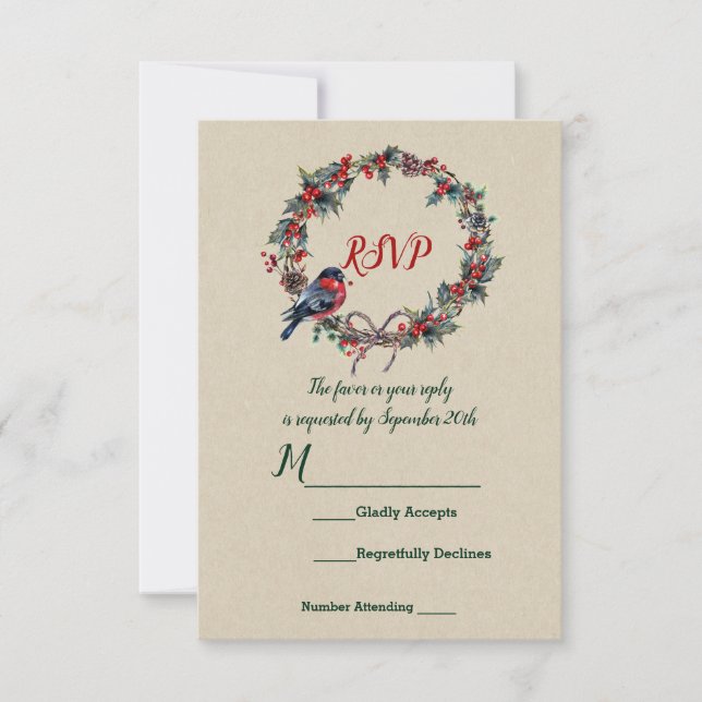 Winter Wedding Holiday Christmas Holly Berry Bird Invitation (Front)