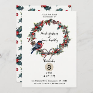 Winter Wedding Holiday Christmas Holly Berry Bird Invitation