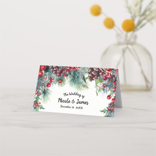 Winter Wedding Holiday Holly Berry Pine Cone Table Place Card