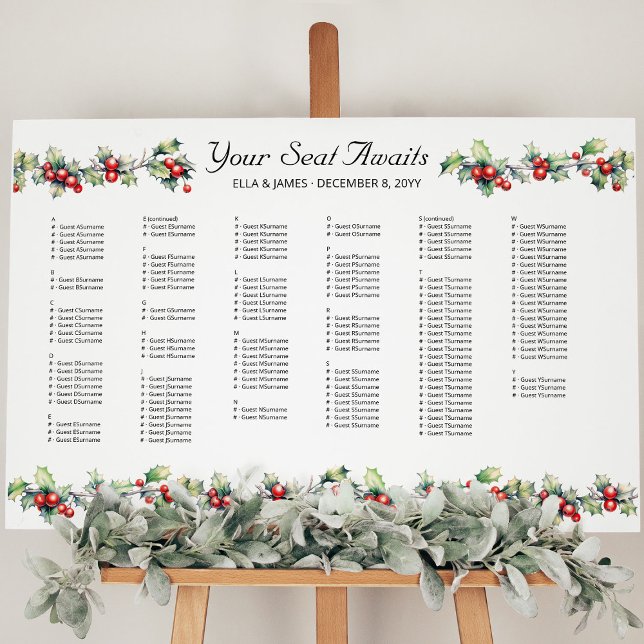 Winter Wedding Holly Alphabetical Seating Chart Foam Board (Wedding Seating Chart from the Holly Bells Wedding Collection by Darling & May)