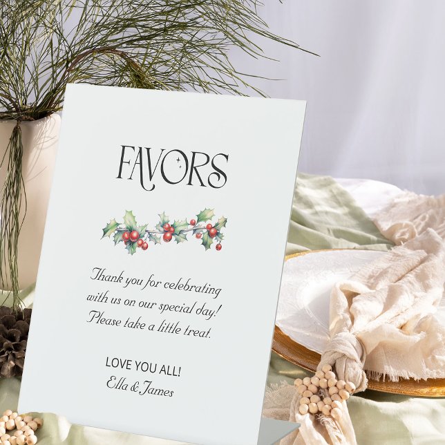 Winter Wedding Holly and Berries Favors Table Sign (Favors Table Sign from the Holly Bells Wedding Collection by Darling & May)