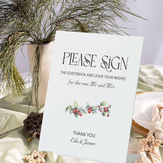 Winter Wedding Holly and Berries Guest Book Sign (Guestbook Sign from the Holly Bells Wedding Collection by Darling & May)