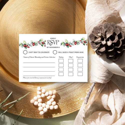 Winter Wedding Holly and Red Berries Entre RSVP Card