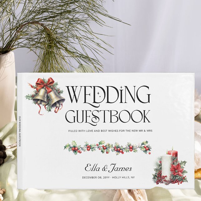 Winter Wedding Holly Bells and Candles Guest Book (Wedding Guest Book from the Holly Bells Wedding Collection by Darling and May)