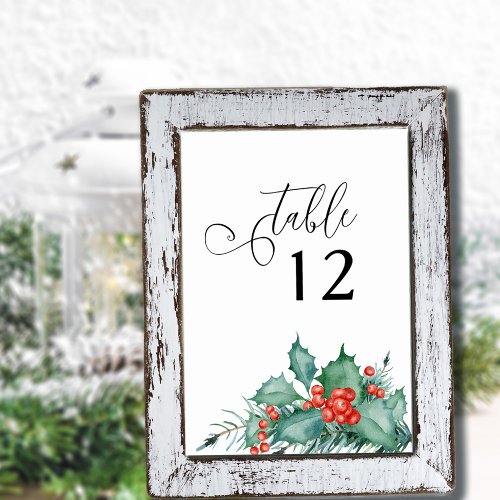 Winter Wedding Holly Berries and Pine Table Number