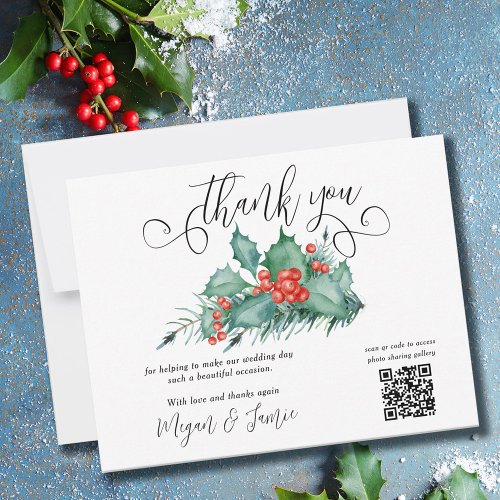 Winter Wedding Holly Berries and Pine Thank You Card