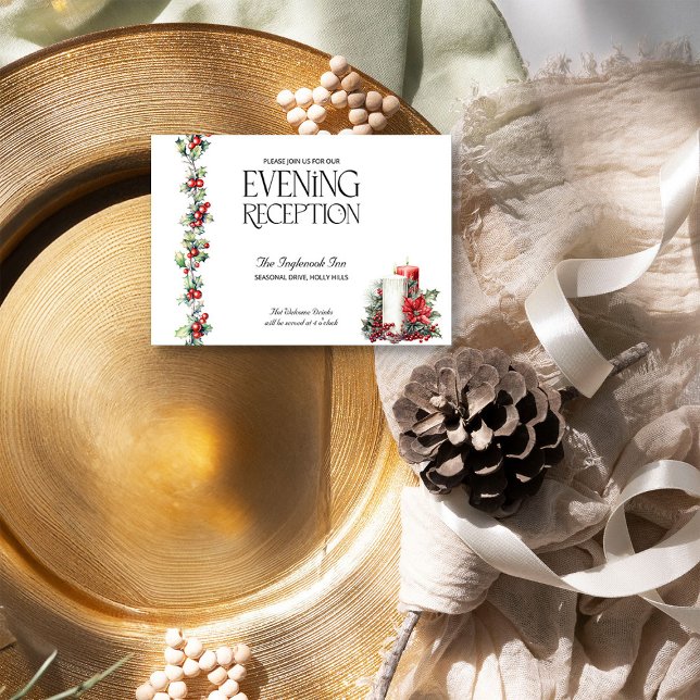 Winter Wedding Holly Candles Red Berries Reception Enclosure Card (Evening Reception Card from the Holly Bells Wedding Collection by Darling & May)