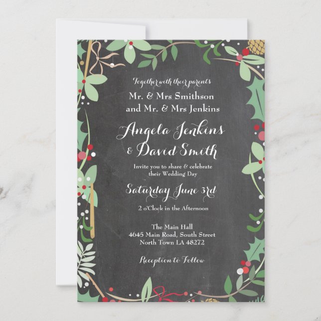 Winter Wedding Holly Chalk Holiday Party Invite (Front)