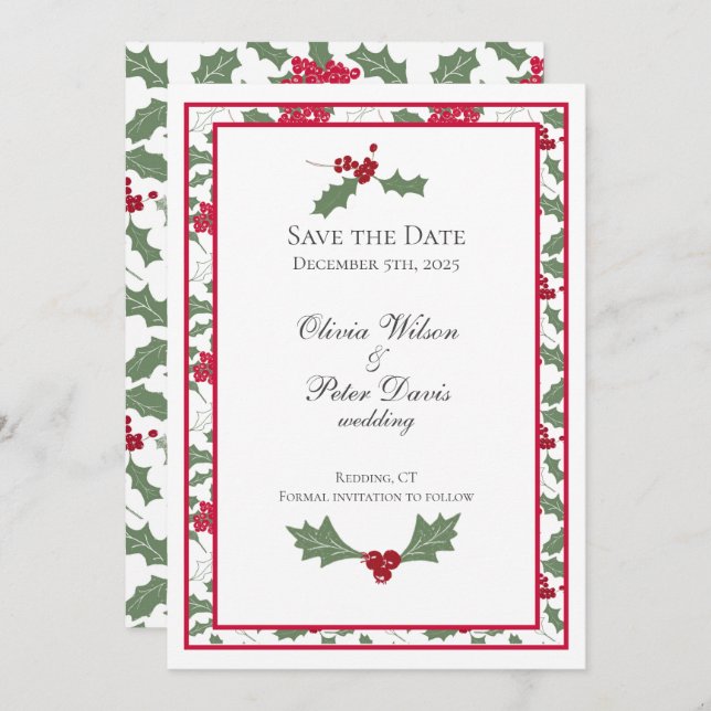 Winter Wedding Holly Save The Date Card (Front/Back)