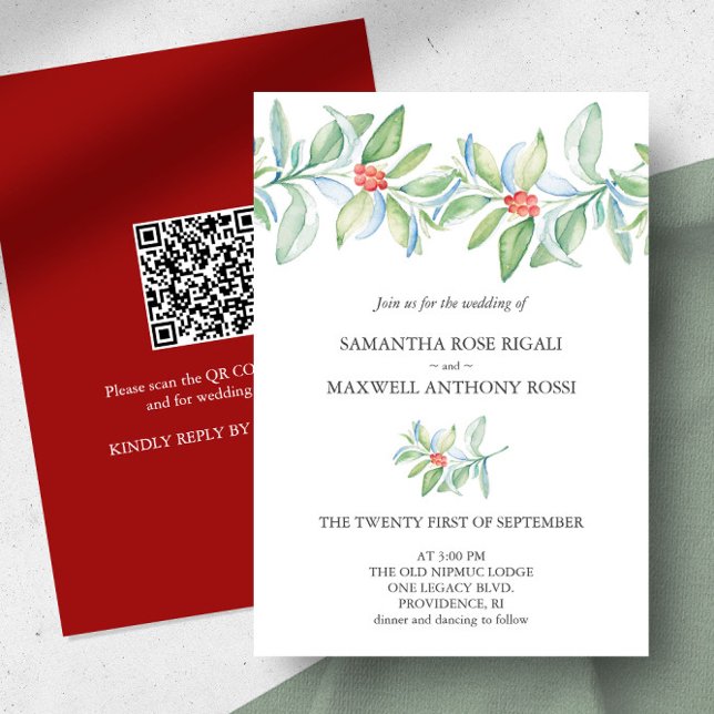 Winter Wedding Invitation with QR Code (Christmas wedding invitation watercolor botanical art by Victoria Grigaliunas of Do Tell A Belle)