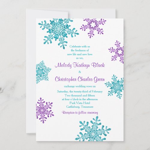 Winter Wedding Invite  Purple Turquoise Snowflake