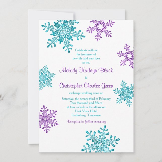 Winter Wedding Invite | Purple Turquoise Snowflake (Front)