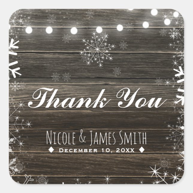 Winter Wedding Lights & Snowflakes Rustic Favor Square Sticker (Front)