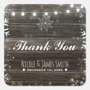 Winter Wedding Lights & Snowflakes Rustic Favor Square Sticker