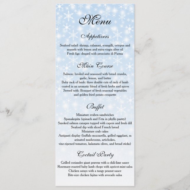 Winter Wedding menu, Snowflake Wedding Menu (Front)